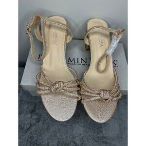 Benjamin Walk gold rhinestone dress heel open toe slip on shoe small heel sz 9